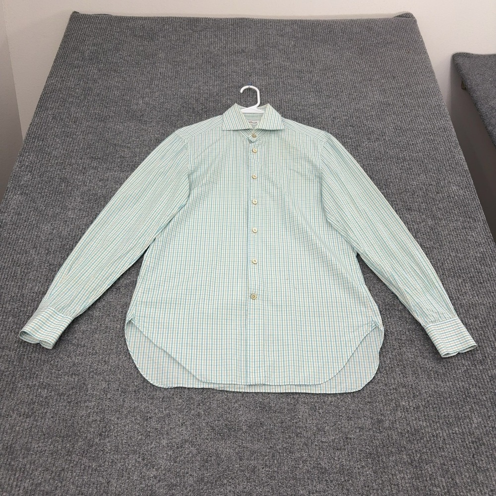 Kiton Button Down Shirt Mens L  Green White Cotton Plaid Luxury Italy Style